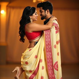 A romantic scene depicting Sruti Hassan with her boyfriend, showcasing her stylish figure in a cream and red mekhela chadar that elegantly highlights her curves