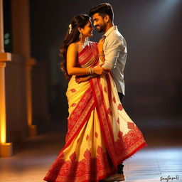 A romantic scene depicting Sruti Hassan with her boyfriend, showcasing her stylish figure in a cream and red mekhela chadar that elegantly highlights her curves