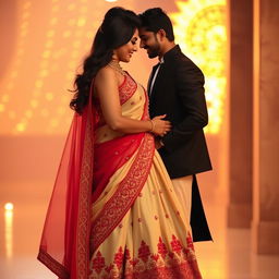 A romantic scene depicting Sruti Hassan with her boyfriend, showcasing her stylish figure in a cream and red mekhela chadar that elegantly highlights her curves