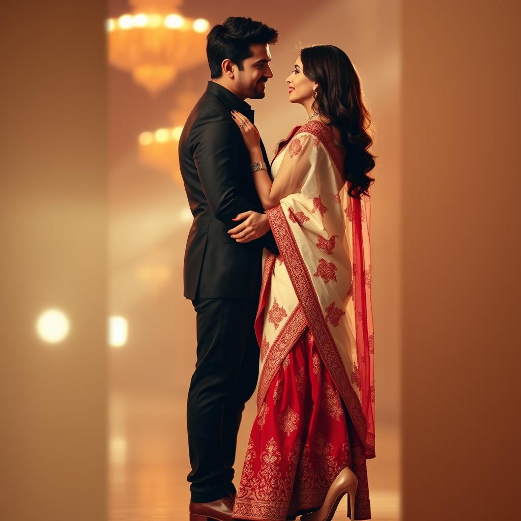 A romantic scene featuring Aishwarya Rai with her boyfriend, showcasing her alluring figure in a cream and red mekhela chadar that elegantly highlights her curves