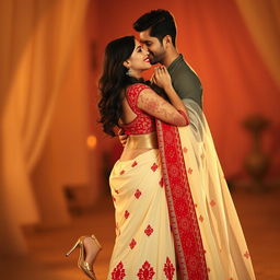 A romantic scene featuring Aishwarya Rai with her boyfriend, showcasing her alluring figure in a cream and red mekhela chadar that elegantly highlights her curves