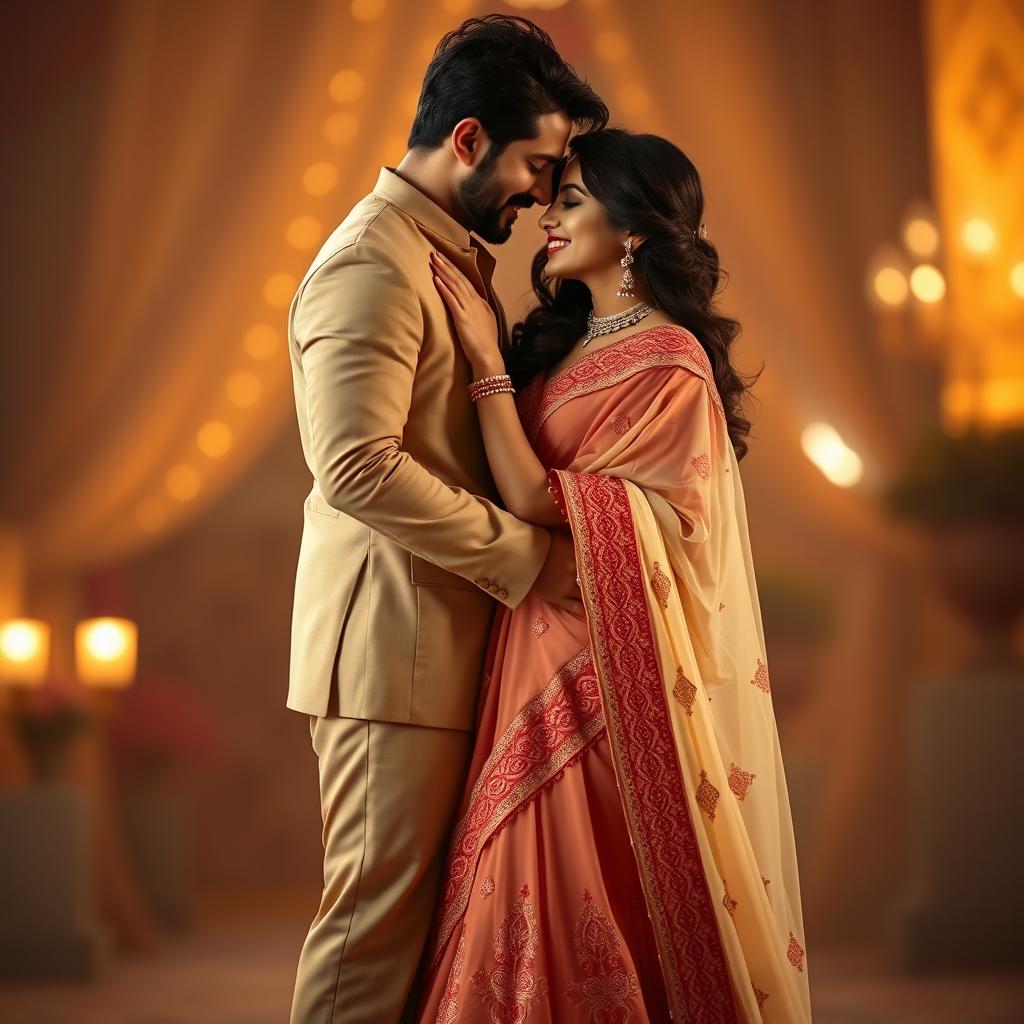 A romantic scene featuring Aishwarya Rai with her boyfriend, showcasing her alluring figure in a cream and red mekhela chadar that elegantly highlights her curves