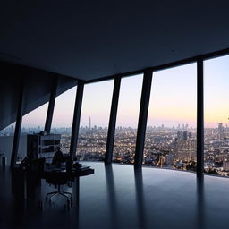 In broad daylight, the penthouse office of the SWAT Commander, characterized by its sweeping glass walls providing a panoramic view of the bustling city.