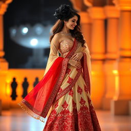 A romantic scene featuring Aishwarya Rai with her boyfriend, showcasing her alluring figure in a cream and red mekhela chadar that elegantly highlights her curves