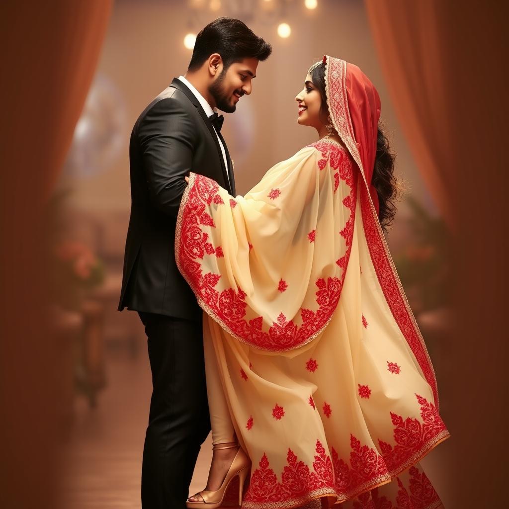 A romantic scene portraying Aishwarya Rai with her boyfriend, highlighting her stunning figure in a cream and red mekhela chadar that elegantly showcases her curves