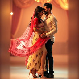 A romantic scene portraying Aishwarya Rai with her boyfriend, highlighting her stunning figure in a cream and red mekhela chadar that elegantly showcases her curves