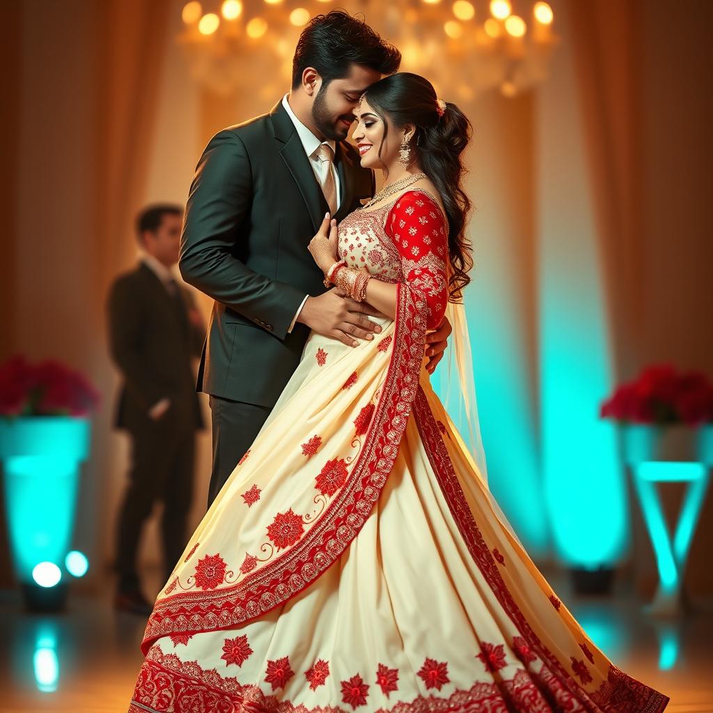 A romantic scene portraying Aishwarya Rai with her boyfriend, highlighting her stunning figure in a cream and red mekhela chadar that elegantly showcases her curves