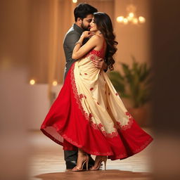 A romantic scene portraying Aishwarya Rai with her boyfriend, highlighting her stunning figure in a cream and red mekhela chadar that elegantly showcases her curves