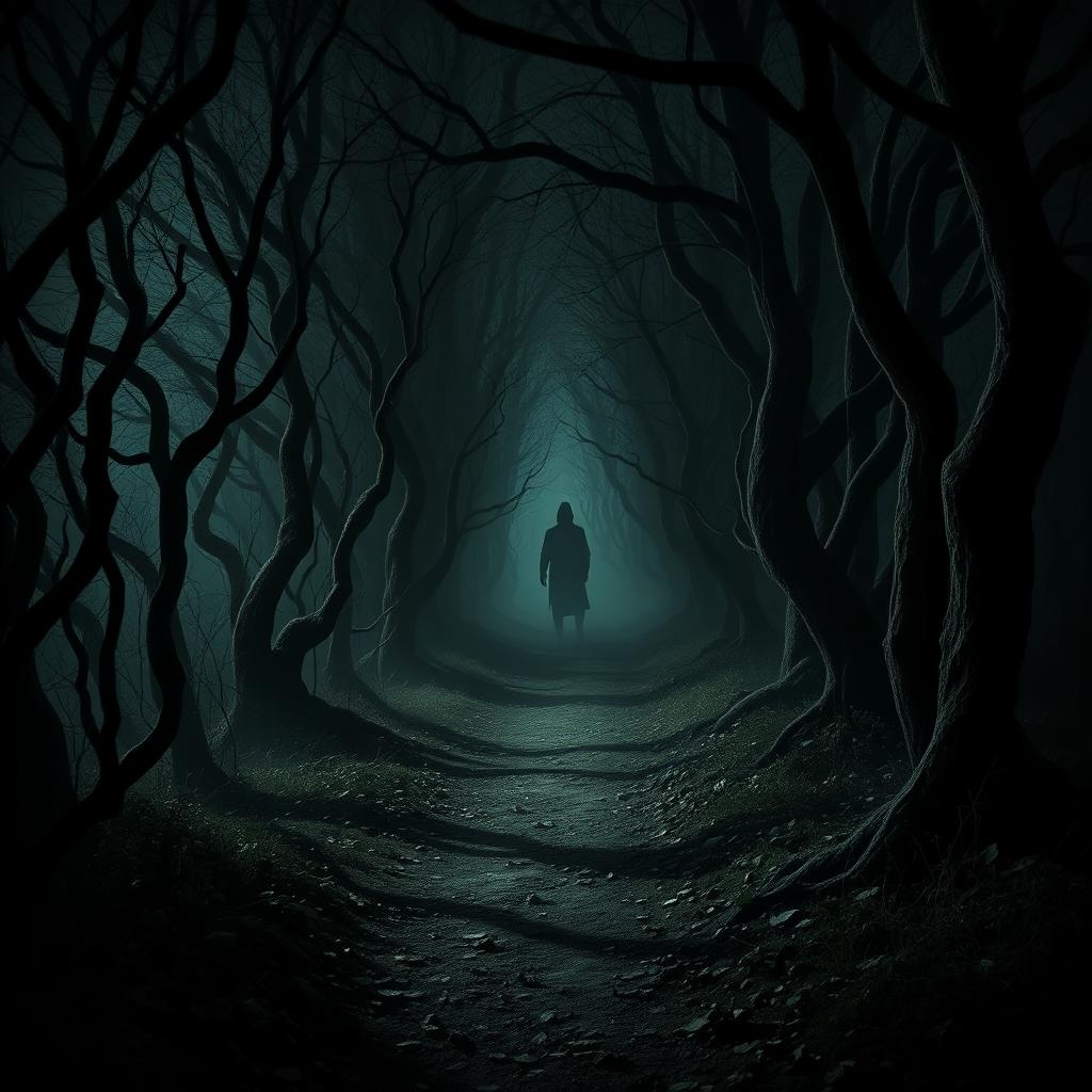 A chilling and atmospheric depiction of a path leading into a terrifying forest, with ominous silhouettes lurking in the background