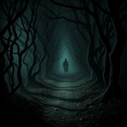 A chilling and atmospheric depiction of a path leading into a terrifying forest, with ominous silhouettes lurking in the background