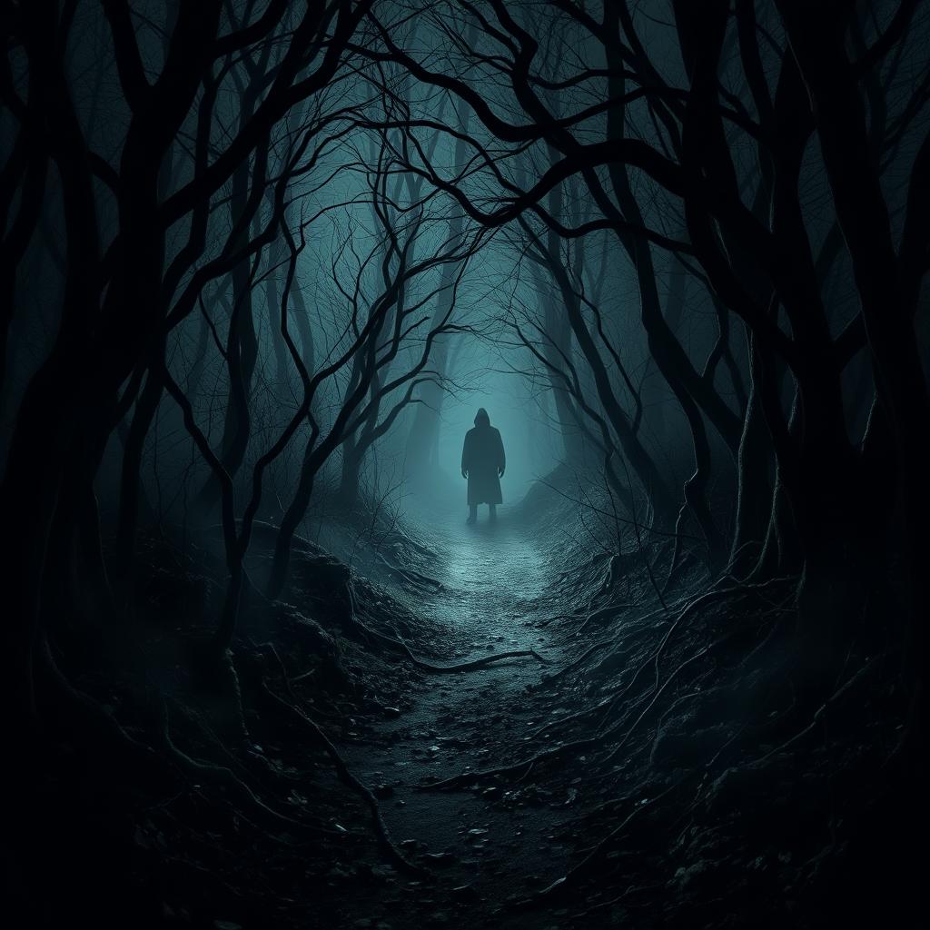 A chilling and atmospheric depiction of a path leading into a terrifying forest, with ominous silhouettes lurking in the background