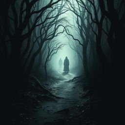 A chilling and atmospheric depiction of a path leading into a terrifying forest, with ominous silhouettes lurking in the background