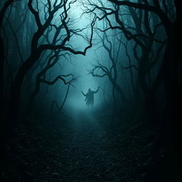 A chilling and atmospheric depiction of a path leading into a terrifying forest, with ominous silhouettes lurking in the background