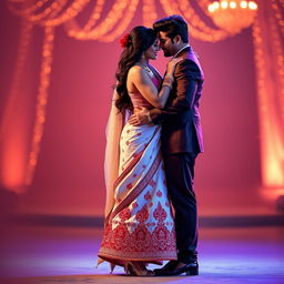 A romantic scene featuring a Bollywood actress with a stunning figure, showcasing her curves in an elegant cream and red mekhela chadar that accentuates her silhouette