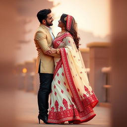 A romantic scene featuring a Bollywood actress with a stunning figure, showcasing her curves in an elegant cream and red mekhela chadar that accentuates her silhouette