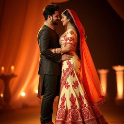 A romantic scene featuring a Bollywood actress with a stunning figure, showcasing her curves in an elegant cream and red mekhela chadar that accentuates her silhouette