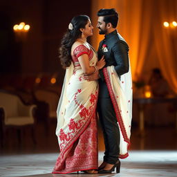 A romantic scene featuring a Bollywood actress with a stunning figure, showcasing her curves in an elegant cream and red mekhela chadar that accentuates her silhouette