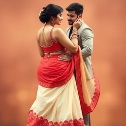 A glamorous Bollywood actress with a voluptuous figure, featuring big breasts and a curvy backside, engaged in a romantic moment with her boyfriend