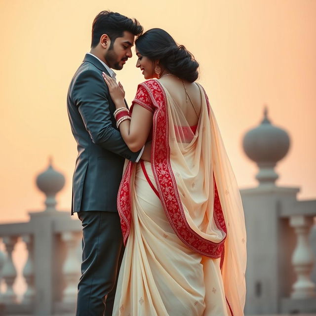 A glamorous Bollywood actress with a voluptuous figure, featuring big breasts and a curvy backside, engaged in a romantic moment with her boyfriend