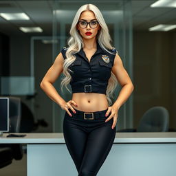 A 20-year-old Brazilian female police officer with an hourglass body type, showcasing a muscular build, flat stomach, and large silicone arms alongside a firm, muscular torso