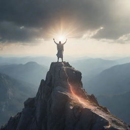 An ethereal illustration of a person standing triumphantly atop a mountain, the shackles of symbolic sin shattered at their feet, their face turned towards a shining, divine light.