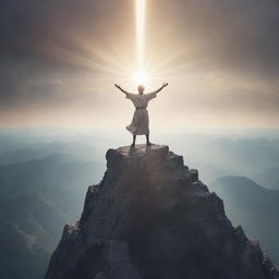 An ethereal illustration of a person standing triumphantly atop a mountain, the shackles of symbolic sin shattered at their feet, their face turned towards a shining, divine light.