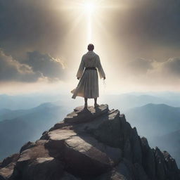 An ethereal illustration of a person standing triumphantly atop a mountain, the shackles of symbolic sin shattered at their feet, their face turned towards a shining, divine light.