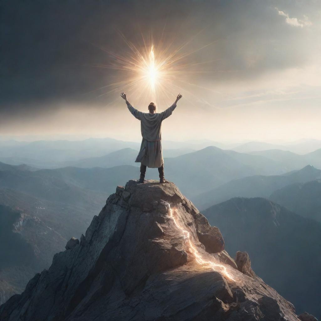 An ethereal illustration of a person standing triumphantly atop a mountain, the shackles of symbolic sin shattered at their feet, their face turned towards a shining, divine light.