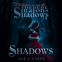 A captivating dark romance novel cover featuring a mysterious, shadowy figure embracing a beautiful woman in a dimly lit forest