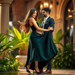 A captivating scene featuring a stunning Thailand supermodel in an elegant setting, playfully lifting her luxurious velvet skirt while embracing her handsome boyfriend