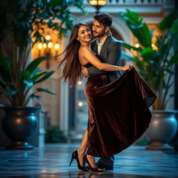 A captivating scene featuring a stunning Thailand supermodel in an elegant setting, playfully lifting her luxurious velvet skirt while embracing her handsome boyfriend