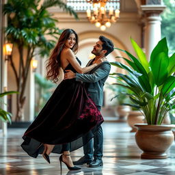 A captivating scene featuring a stunning Thailand supermodel in an elegant setting, playfully lifting her luxurious velvet skirt while embracing her handsome boyfriend