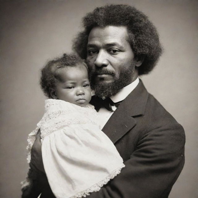 A tender scene of Frederick Douglass as an infant, cradled gently in the arms of his mother. They are lovingly gazing into each other's eyes.