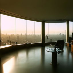 In broad daylight, the penthouse office of the SWAT Commander, characterized by its sweeping glass walls providing a panoramic view of the bustling city.