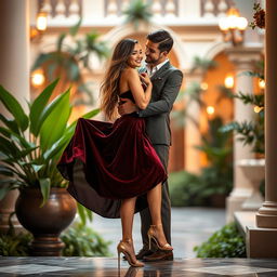 A captivating scene featuring a stunning Thailand supermodel in an elegant setting, playfully lifting her luxurious velvet skirt while embracing her handsome boyfriend