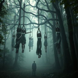 A hyper-realistic forest filled with suspended figures, creating an eerie and haunting atmosphere