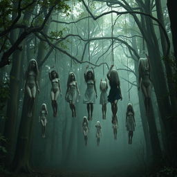 A hyper-realistic forest filled with suspended figures, creating an eerie and haunting atmosphere