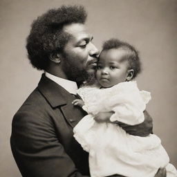 A tender scene of Frederick Douglass as an infant, cradled gently in the arms of his mother. They are lovingly gazing into each other's eyes.