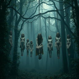 A hyper-realistic forest filled with suspended figures, creating an eerie and haunting atmosphere