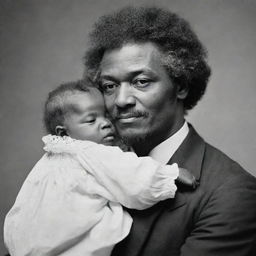 A tender scene of Frederick Douglass as an infant, cradled gently in the arms of his mother. They are lovingly gazing into each other's eyes.