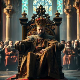 A regal and intense scene depicting the dilemma of a king, seated on a majestic throne in an opulent palace