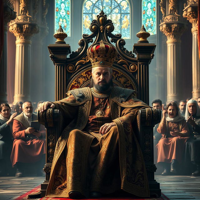 A regal and intense scene depicting the dilemma of a king, seated on a majestic throne in an opulent palace