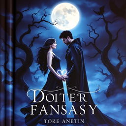 A captivating book cover depicting a couple enveloped in a dark romance fantasy