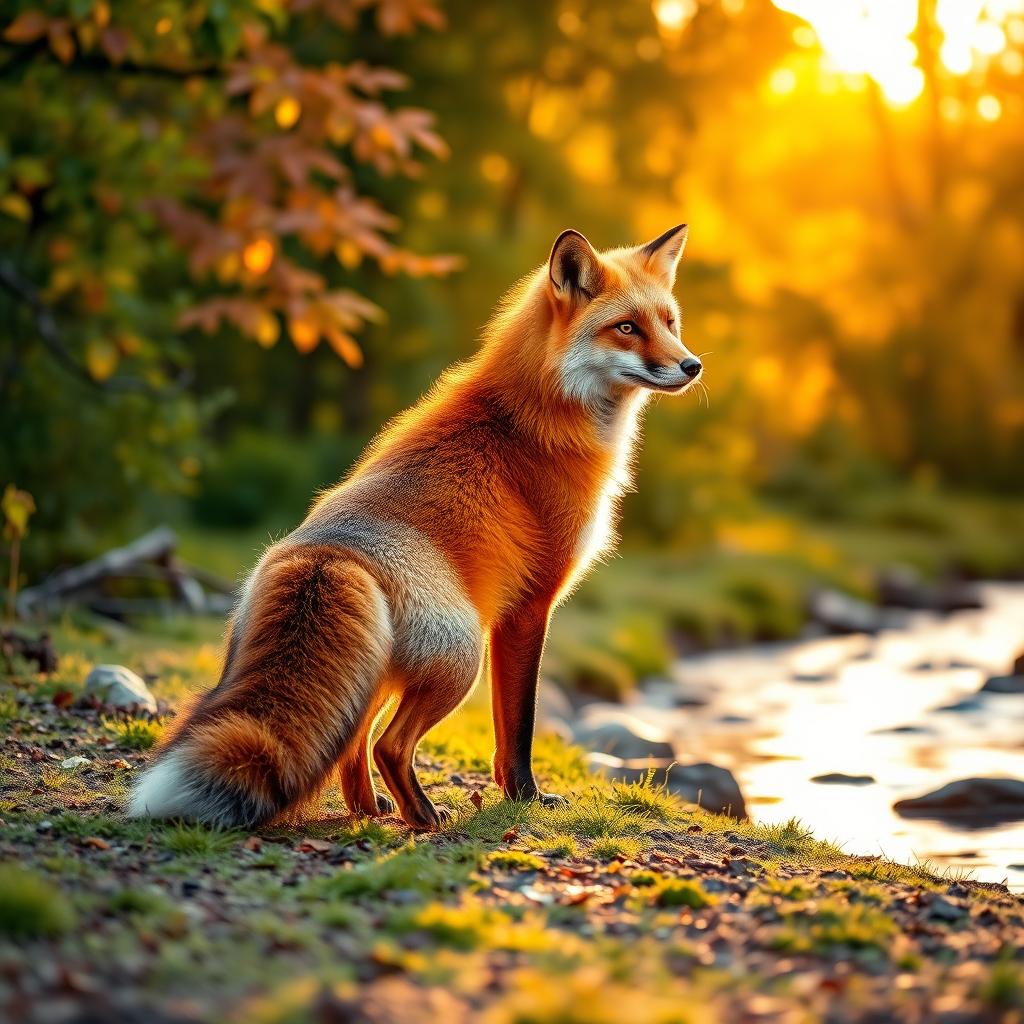 A majestic red fox standing gracefully in a lush green forest during golden hour