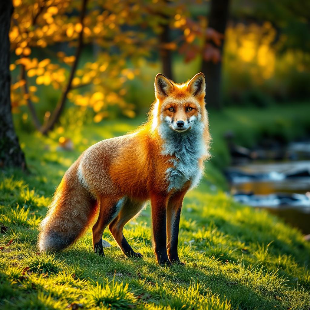 A majestic red fox standing gracefully in a lush green forest during golden hour