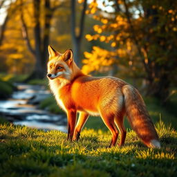 A majestic red fox standing gracefully in a lush green forest during golden hour