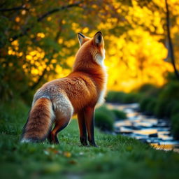 A majestic red fox standing gracefully in a lush green forest during golden hour