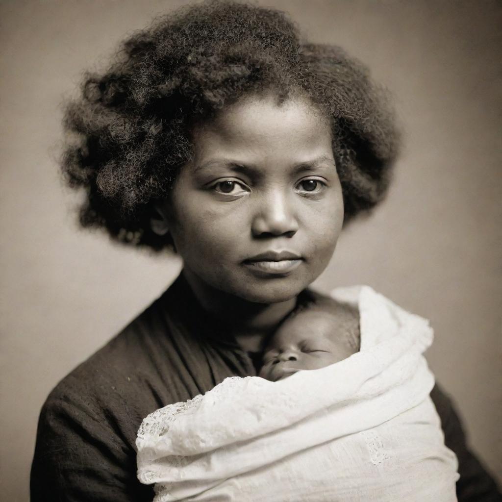 A heartfelt portrait of Frederick Douglass as an infant, securely held in his mother's loving arms. Their eyes meet in a silent bond of affection and strength.