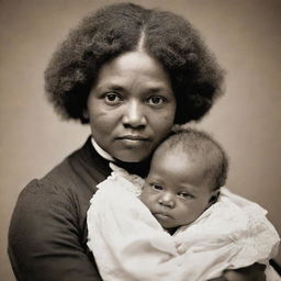 A heartfelt portrait of Frederick Douglass as an infant, securely held in his mother's loving arms. Their eyes meet in a silent bond of affection and strength.