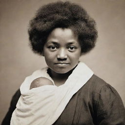 A heartfelt portrait of Frederick Douglass as an infant, securely held in his mother's loving arms. Their eyes meet in a silent bond of affection and strength.